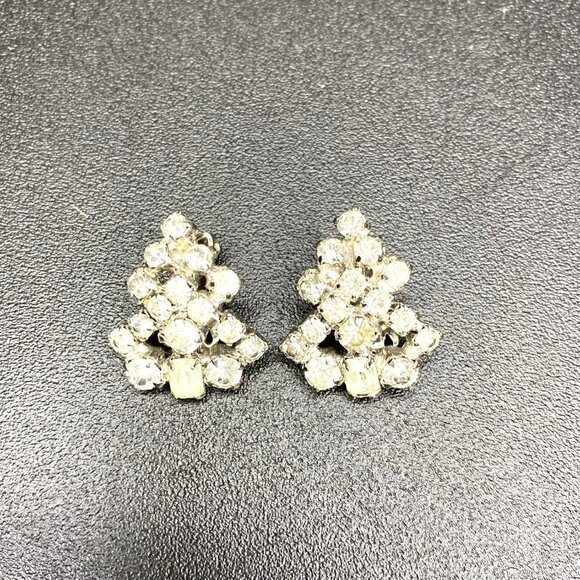 Vintage 50s 60s MCM Rhinestone Inverted Triangle Drop Clip-On Earrings - Picture 1 of 4